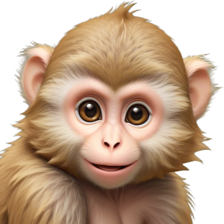 Cinematic Cute Macaque Portrait Emoji, Head tilted playfully and inquisitively, with a charmingly mischievous face accented by soft, fuzzy fur and round, sparkling eyes filled with curiosity, Simplified yet irresistibly adorable features, highly detailed, glowing with a warm, friendly glow, high shine, affectionate and lively, stylized with a touch of primate whimsy, bright and endearing, soft glowing outline, capturing the essence of a playful macaque that seems as if it could jump out of the screen into your arms! emoji