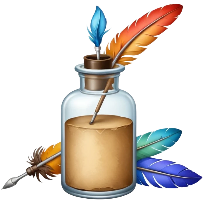 feather quill and ink bottle, soft painterly textures, whimsical and creative emoji