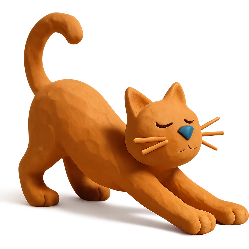 cat stretching with visible fingerprints and matte finish in claymation style emoji