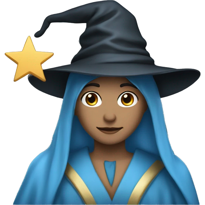 stereotypical wizard, blue hat with star and blue robe, masculine female black hair emoji