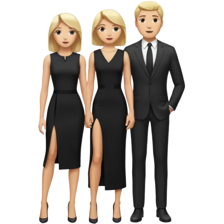 Blonde woman, black, Long, tight, sleveless Dress, Slot left Leg,man in suit, fly emoji