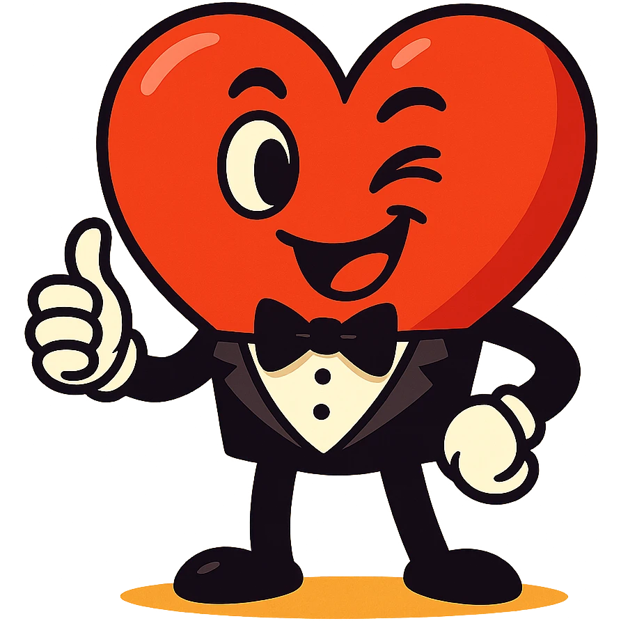 cartoon heart character in a tuxedo, winking and giving a thumbs up, vibrant and playful style, perfect for wedding stickers emoji
