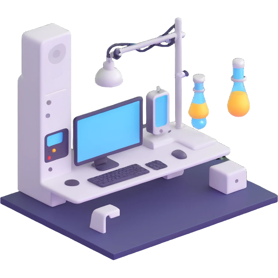 tech lab with glowing screens and robots emoji