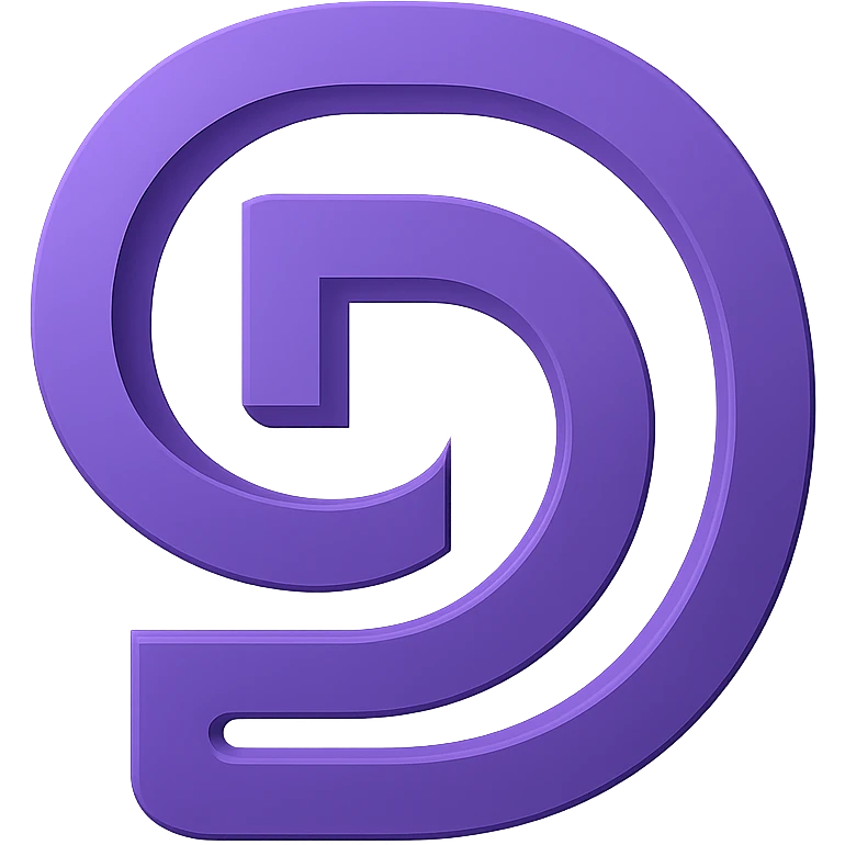 Create a modern, minimalist, abstract intertwined 'GD' icon with a subtle 3D effect. The design should be a monotone silhouette in a single purple shade, suitable for a tech brand, with a transparent background. Focus on an elegant and sleek look that conveys innovation and sophistication. emoji