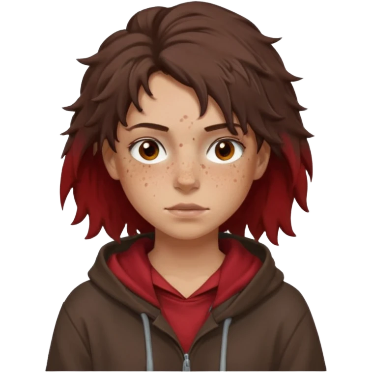 Hobo tomboy with light skin, freckles, dark brown shoulder-length hair in a messy style, brown eyes, dark brown hoodie, dull red shirt. emoji