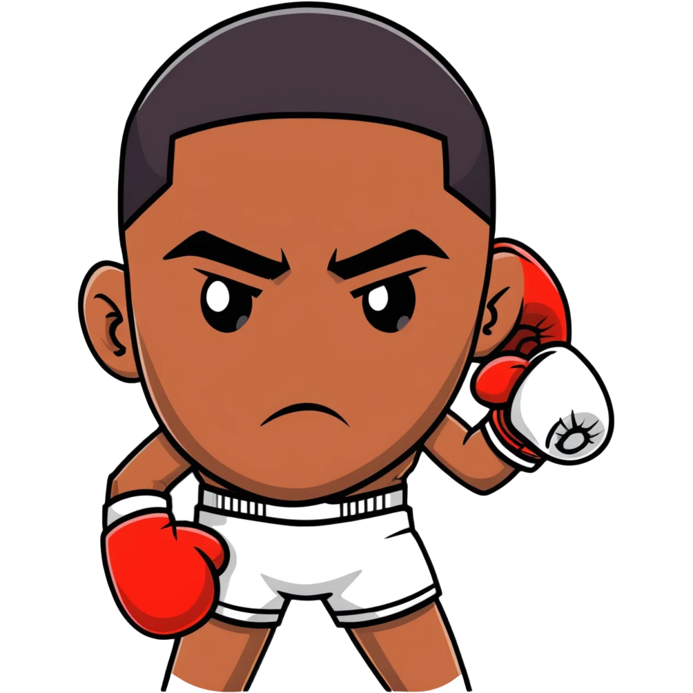 Close-up face of a young 19-year-old Black male boxer, intense gaze, boxing gloves slightly visible emoji