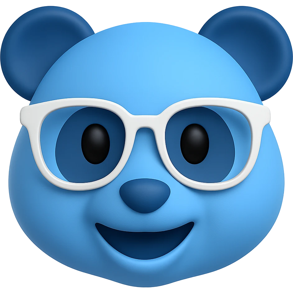 Create a 3D emoji of a panda face inspired by the classic panda emoji style, in IK blue color, wearing stylish white designer glasses. Keep the look playful and modern with a smooth 3D finish. Remove the background completely. emoji