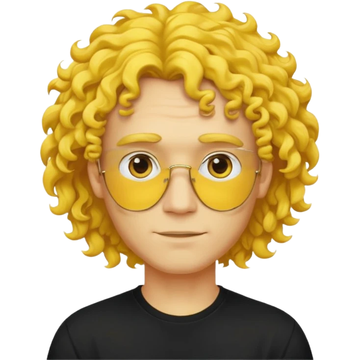 a yellow-faced standard man with mid-long curly hair wearing a black t-shirt, face and shoulders. The yellow of the face is very bright. emoji