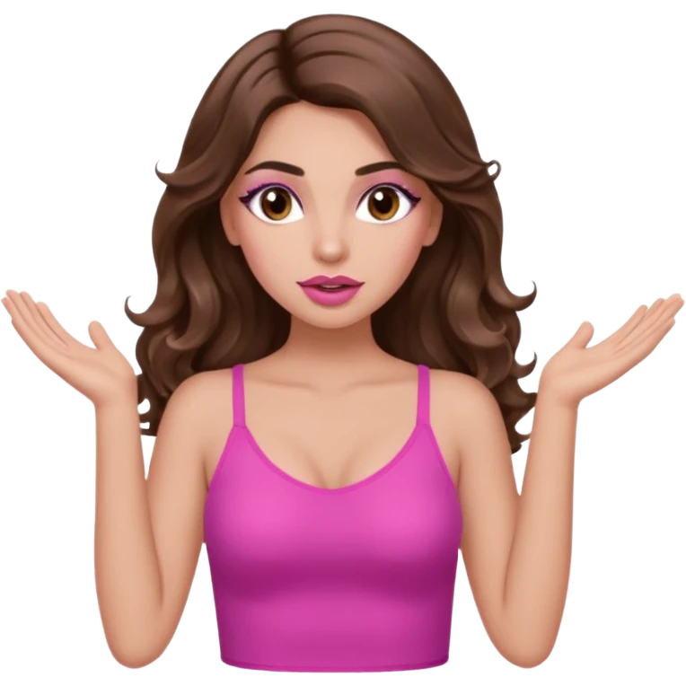 girl with long wavy brown hair, brown eyes, long lashes makeup, sexy pink lips, light to medium complexion, pink sexy top, two hands up, shrugging emoji