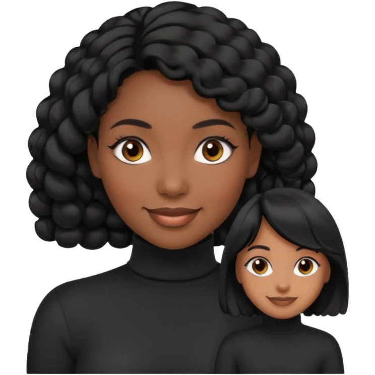 Create a custom emoji-style character inspired by a smiling black woman with curled black hair, dark skin tone, dark eyes, and wearing a turtleneck.  emoji