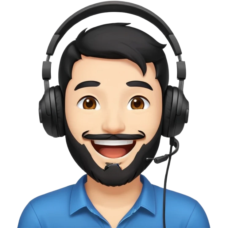 anime style laughing man with black hair, brown eyes, black beard wearing gaming headset emoji