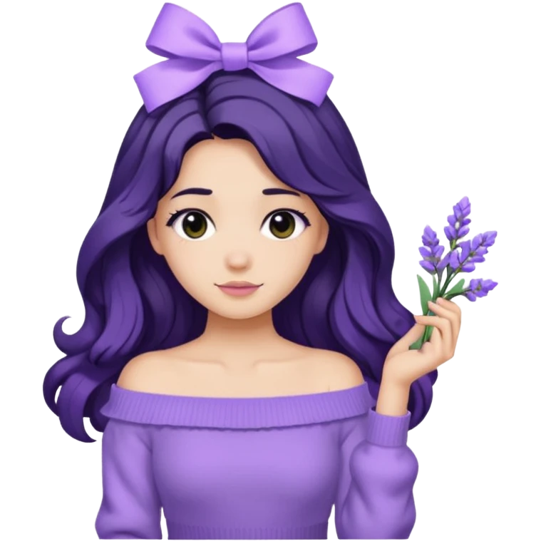 Girl with black wavy long hair and a lavender ribbon hair clip beside it make it look like wearing a lavender off shoulder sweater  emoji