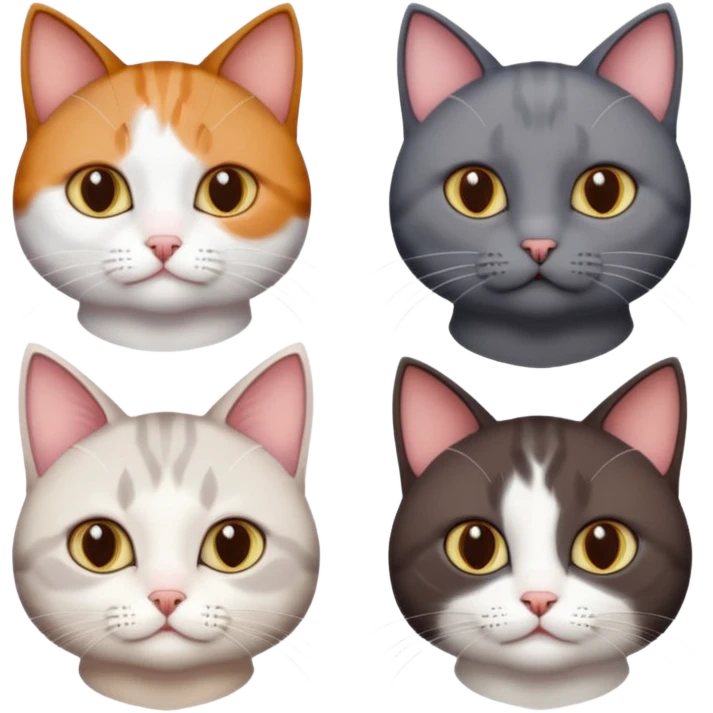 4 different coloured short haired cats including; a dark brown and white cat, and a dark grey and white  emoji
