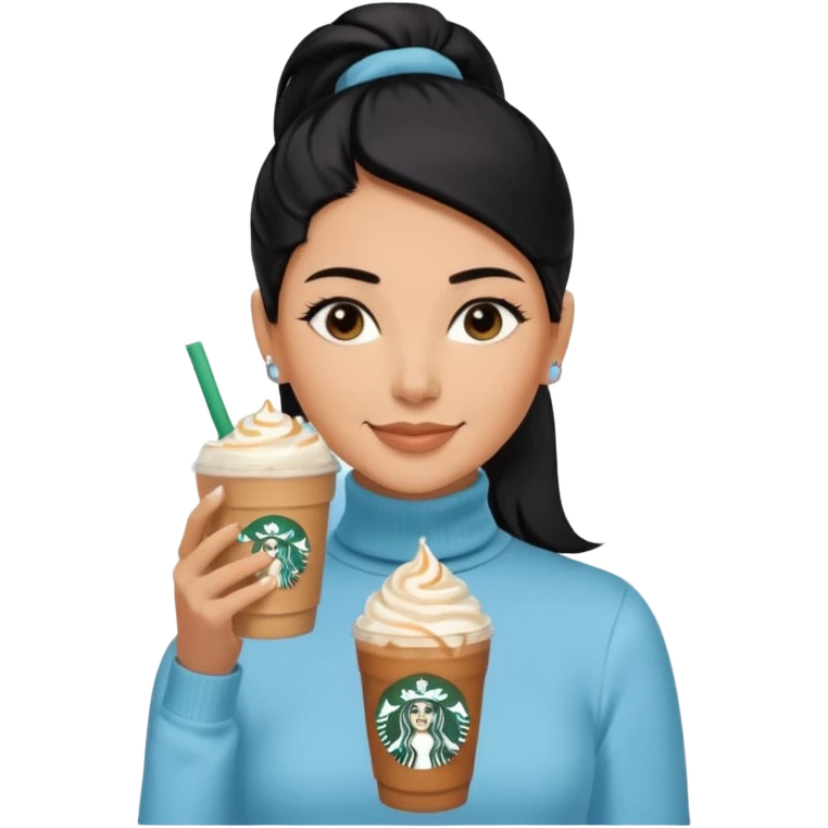  tan skin woman with long face, and very short black hair slicked back ponytail with forehead showing, wearing solid pastel blue turtleneck shirt, drinking starbucks caramel frappuccino, smiling with middle parted hair emoji