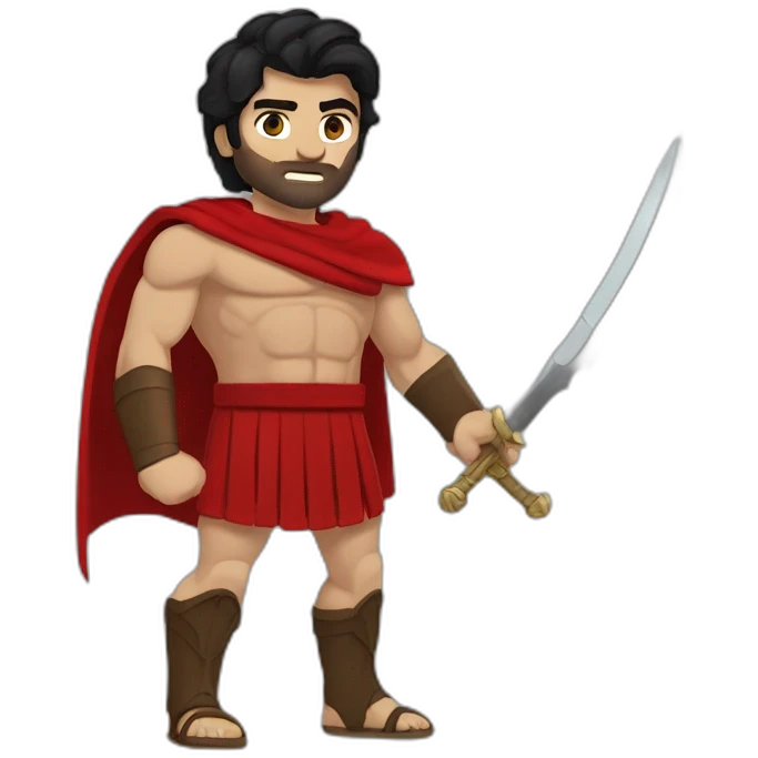 The Spartan Leonidas. Muscly physique. Wearing a red cape. Masculin. Normal face. Black hair. Blue eyes. emoji