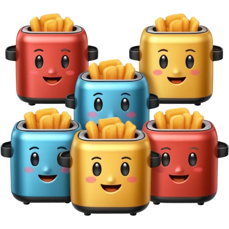 A whole set of air fryers with faces possing like different emojis emoji