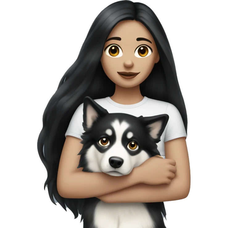 Pale girl with long black hair holding Alaskan husky emoji