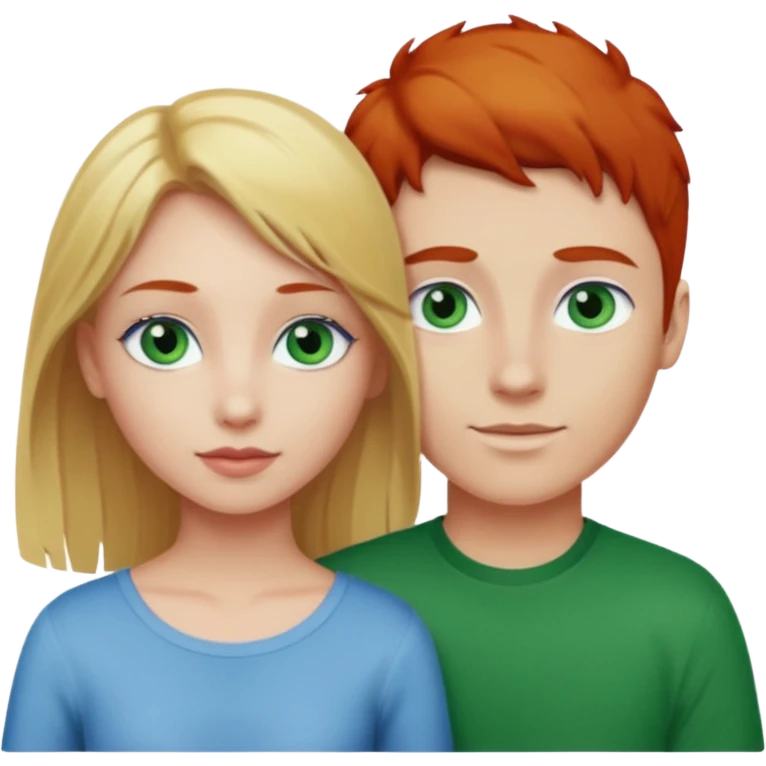 Blonde hair pretty girl with blue eyes, and red haired long hair boy green eyes in love with each other emoji