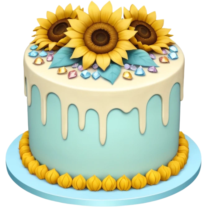 Two layer cake adorned with overflowing raw pastel crystals & sunflowers emoji