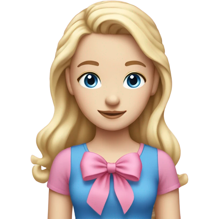 pale girl with blue eyes and blonde hair wearing a pink shirt and a pink hair bow emoji