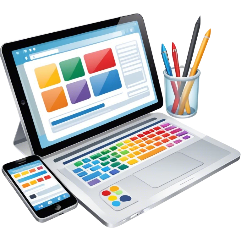 Modern icon for Web Design: a computer and smartphone or tablet screen displaying a website layout, HTML code, and design tools like a stilus and color palette. Transparent background. emoji