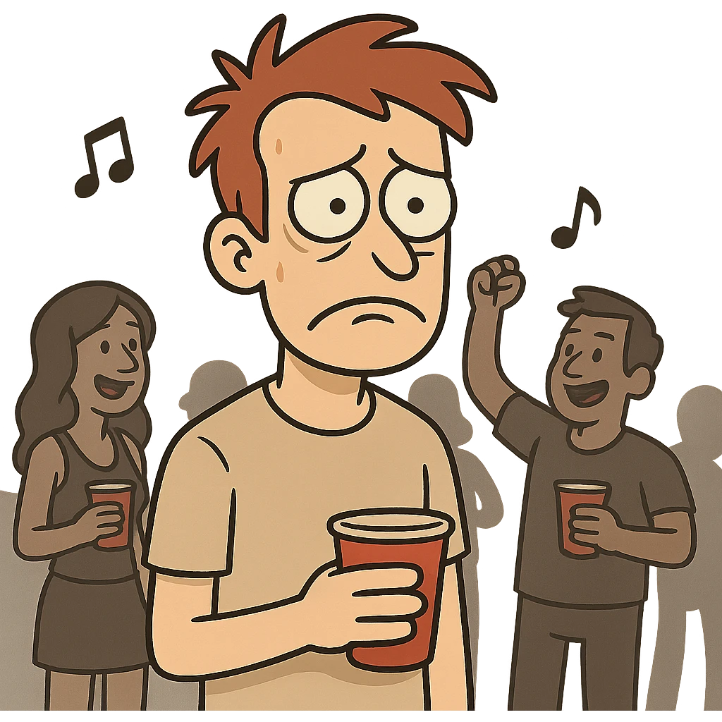 a noob character at a party, looking awkward and out of place, with a forsaken vibe, cartoon style emoji