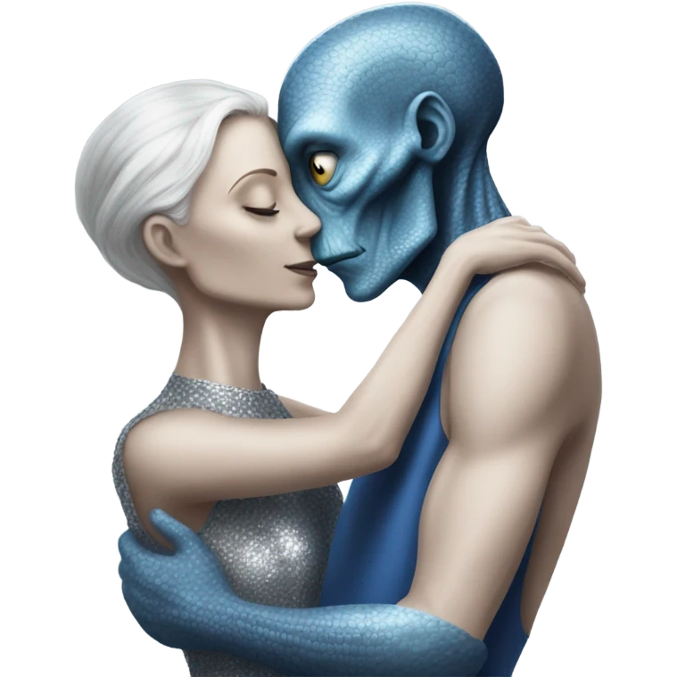 White man in blue dress  hugs and kissing Alien reptilian woman in silver dress  emoji