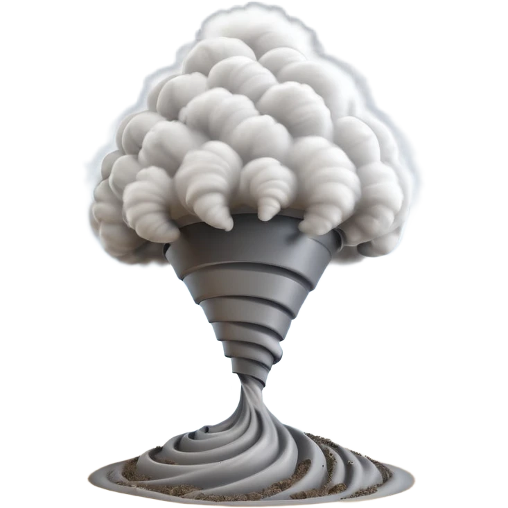 3D render of Tornado, miniature weather phenomenon, volumetric particle effects, swirling dusty grey funnel cloud, elemental energy, emoji style, isolated on white background --v 6.0. emoji