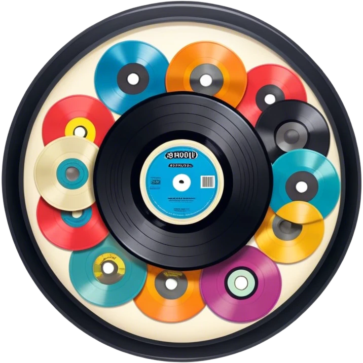 Icon for Vinyl Record Collecting: colorful vinyl records in decorative packaging featuring artist images, neatly arranged on a wall or shelf. The icon should reflect the aesthetic and artistic aspect of collecting vinyl records. Transparent background. emoji