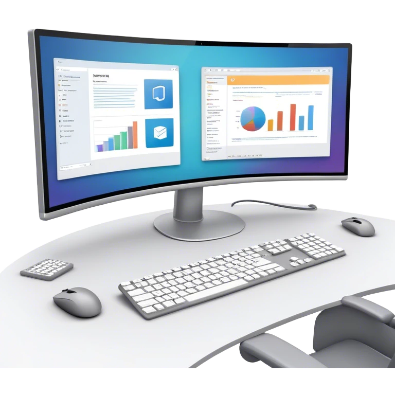 Create an emoji for UX/UI design. Show  large curved monitor displaying windows with UX/UI design HTML program interface. Include a mouse, keyboard, and stylus next to the screens. Use modern, professional colors. Do not include any emojis or smiley faces. Make the background transparent. emoji