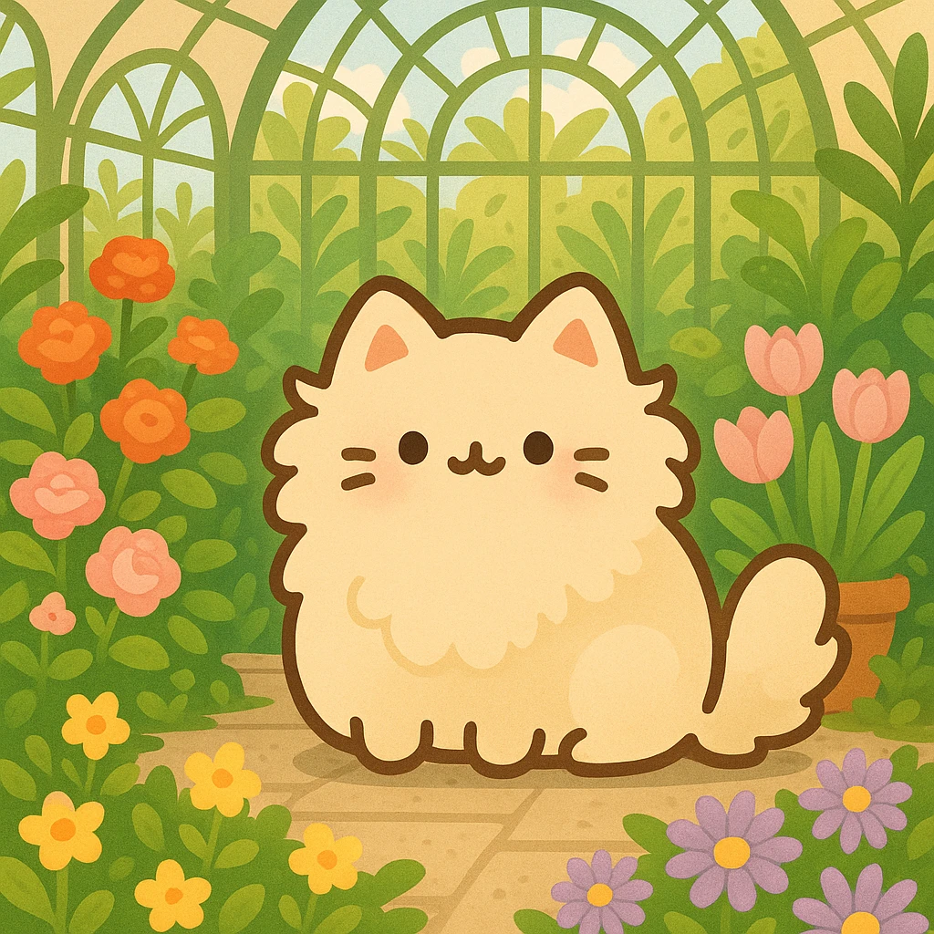 pusheen-style fluffy blonde kitten in a botanical garden greenhouse filled with flowers emoji