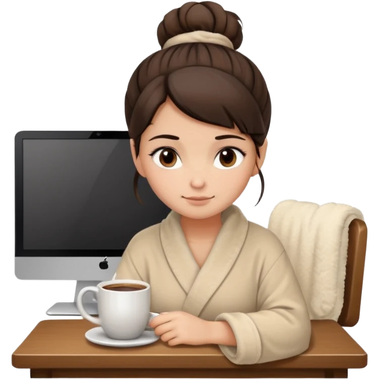 A brunette girl with a bun as hairstyle, with dark brown eyes, dark circles under eyes, tired, sad face, with a mug of coffee in one hand and sitting in front of a computer, wearing a soft fluffy beige robe emoji