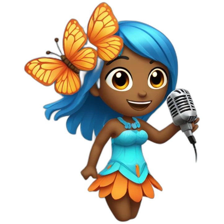 Cartoon Blue and orange girli tiki singing with butterfly and in the mikrophone emoji
