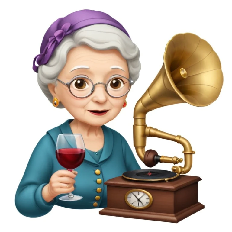 old lady with wineglass listening to gramophone emoji