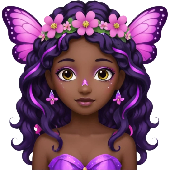 Black girl fairy with long wavy black hair, pink and purple red butterfly wings sparkly emoji