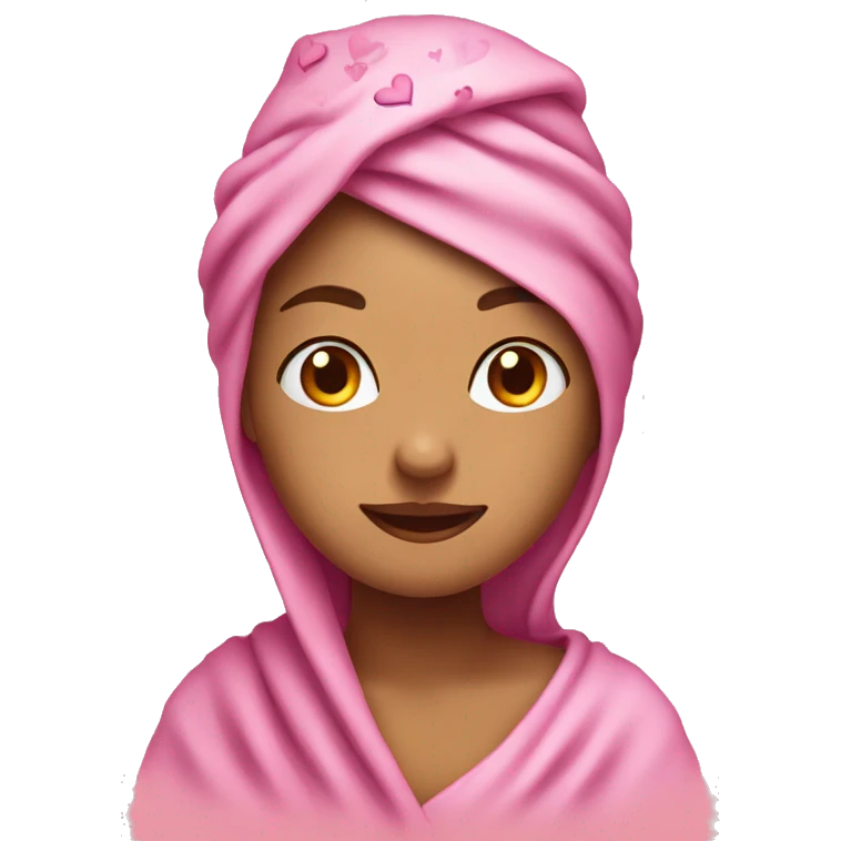 A female emoji style emoticons with a towel on her head and little hearts around her emoji