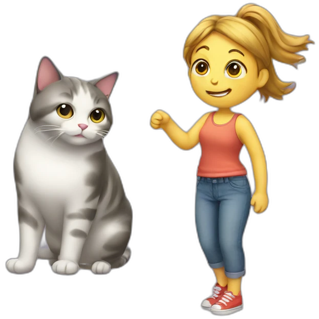 Girl playing with fat cat with trousers emoji