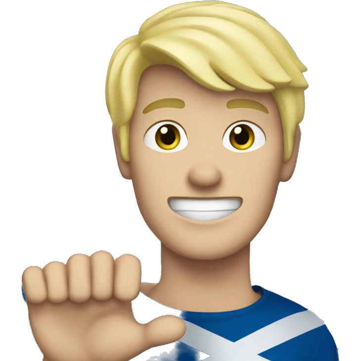 Blonde haired Scottish male waving his hand with a Scotland flag in the background emoji