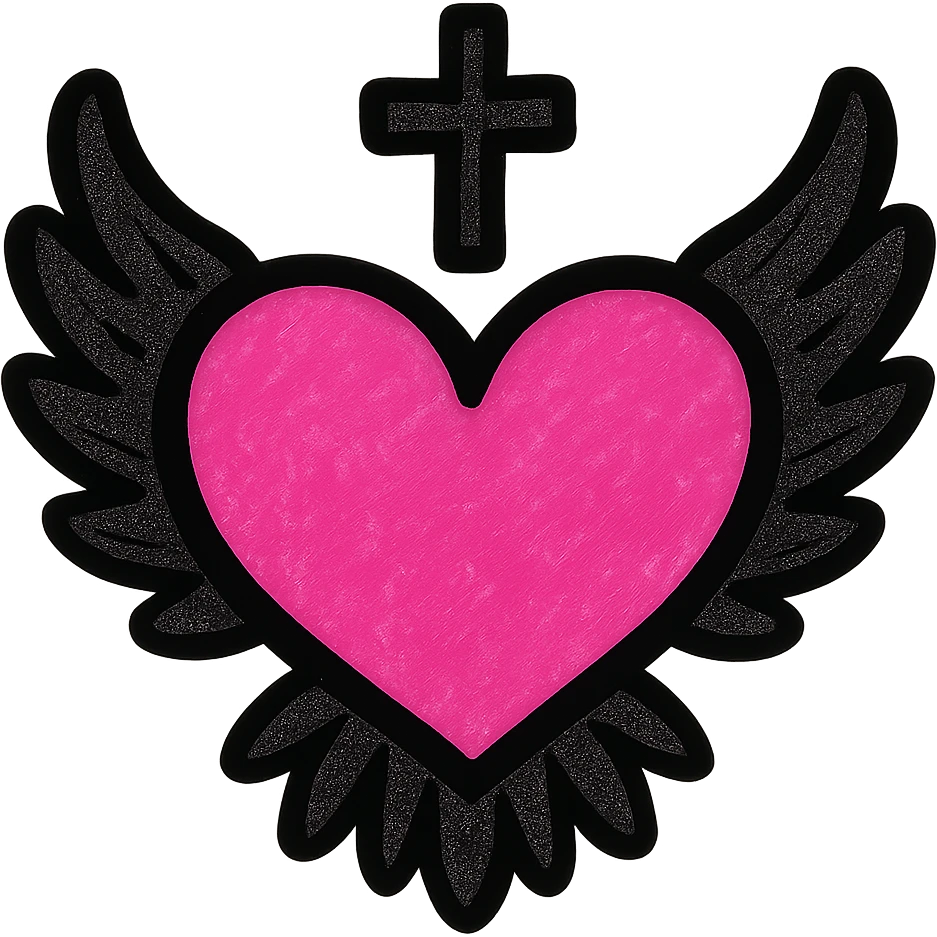 gothic heart with black feathers, pop colors style, pink and black emoji