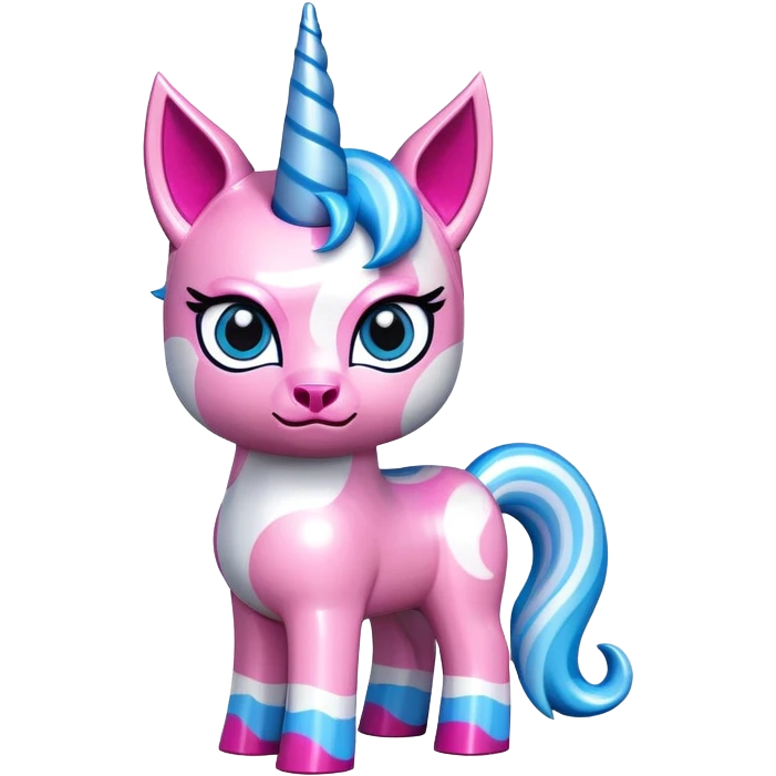 Unikitty, a pink Lego cat unicorn hybrid with blue eyes, a blue unicorn horn, and a blue and white swirl tail emoji