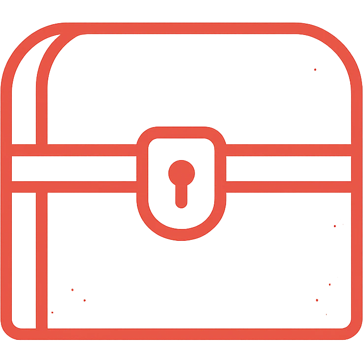 an extremely minimal red treasure chest with just the essential outline and very few details, mostly transparent with thin red lines, only about 30% red coverage, subtle weathered effect on the edges emoji
