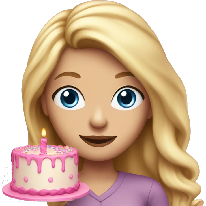 Woman with long blonde hair and blue eyes holding a pink birthday cake  emoji