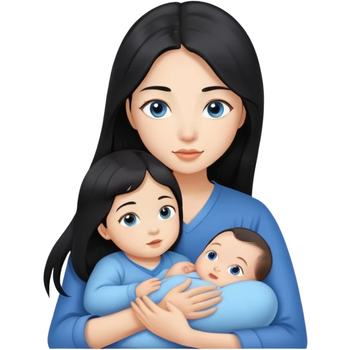 Beautiful Asian girl with long black hair and brown eyes holding baby boy with blue eyes in her arms emoji