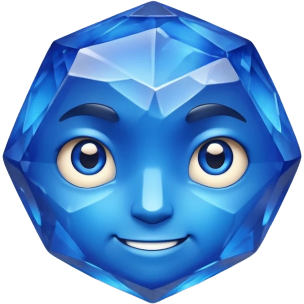 A single sapphire-blue faceted rock head, chunky and worn, with a few visible cracks and chipped facets but still shiny, big kind eyes and a confident smile, 3D game asset, centered on dark background, no body, no other elements. emoji