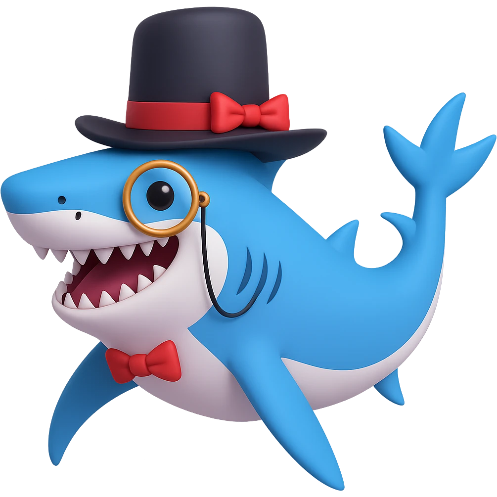 Add a monocle to the shark with a top hat in the style of 3D emoji, no background. emoji
