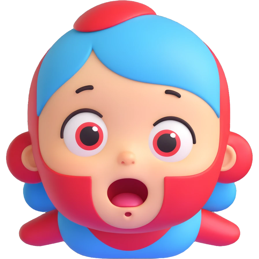 round baby blue and red face with a surprised expression, Microsoft 3D Fluent style emoji
