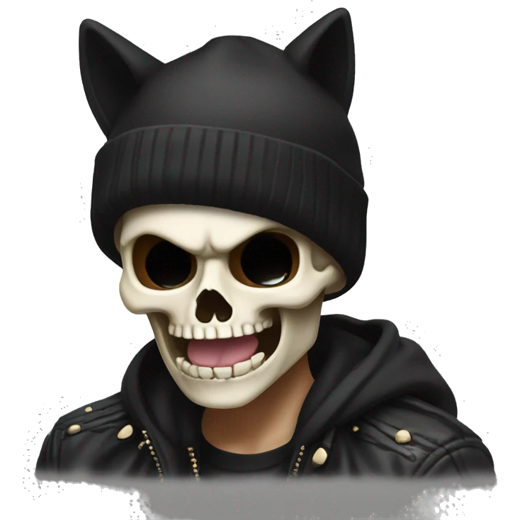 Skull wearing a black beanie with cat ears doing the rock and roll hand sign with his tongue out emoji