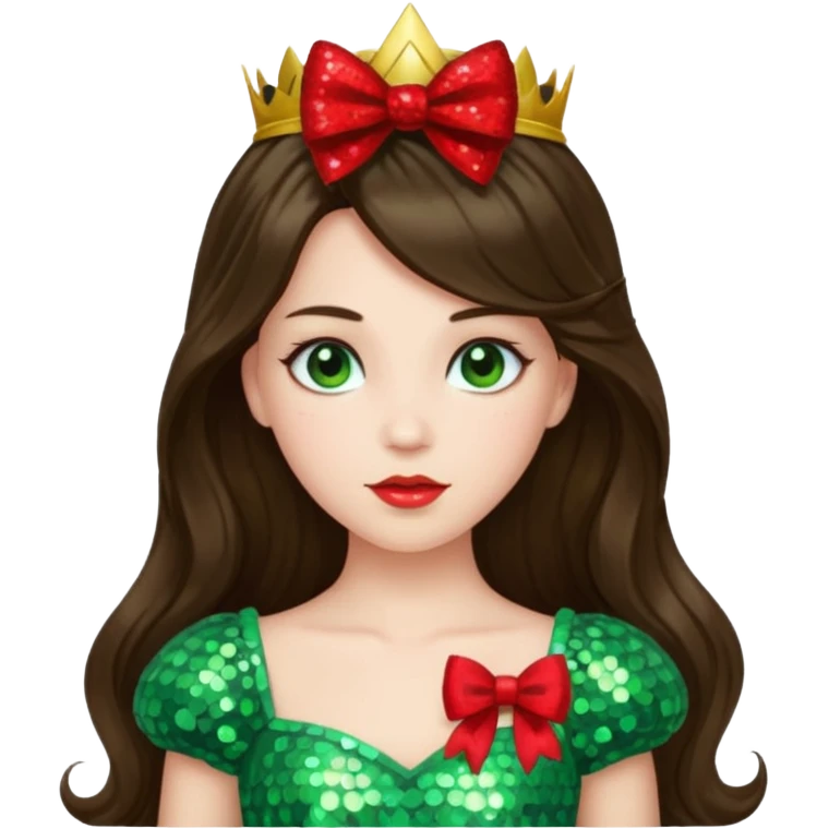 Princess Ozma from Oz with long brunette hair, light green sequin outfit, red bow emoji