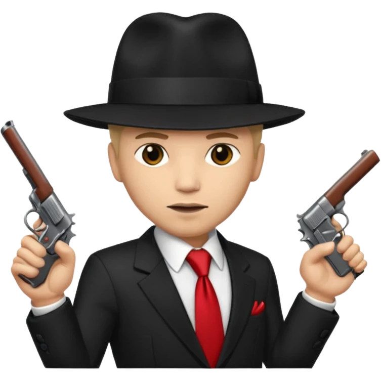 Mafia enforcer, suit and tie, black hat, gun emoji
