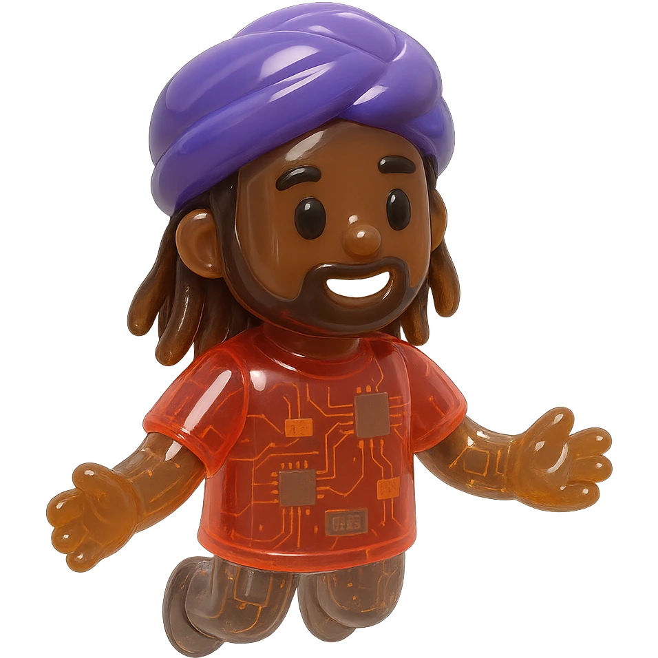 Brownskin man with long brown dreadlocks 
red t-shirt 
purple turban 
expression is happy emoji